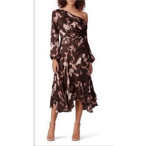 Amur Brown Floral Lorraine Off The One Shoulder Silk Midi Dress Women's Size 6